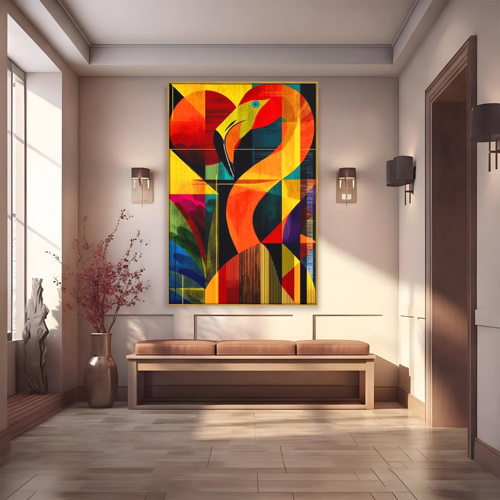 Tablou canvas cu tablou canvas cu flamingo geometric, in rama de aluminiu auriu
